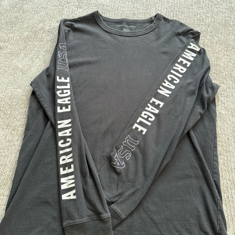 American Eagle Long Sleeve Graphic Tee Black Logo Sleeve Shirt Men’s M Y2K